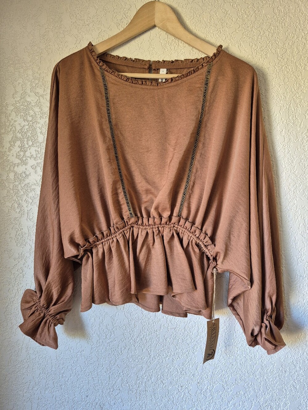 NWT Glam Bronze Satin Blouse Womens Size S